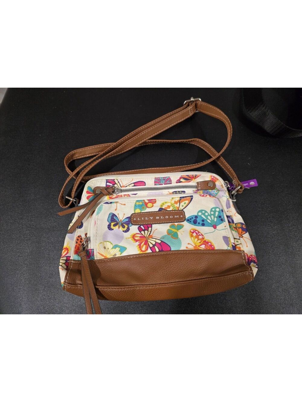 Lily Bloom Butterfly Print Crossbody Bag w/ Brown Faux Leather Trim Lime Lining